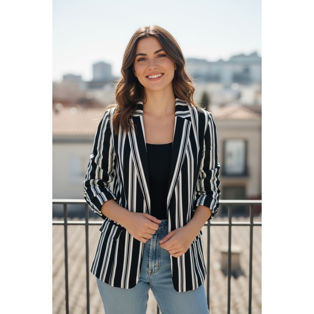 Philosophy Republic Clothing Black Ivory Striped Blazer Size 10 NWT